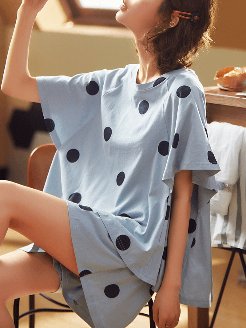 Women Polka Dot Print round Neck Short Sleeve Shorts Casual Pajama Sets - MRSLM