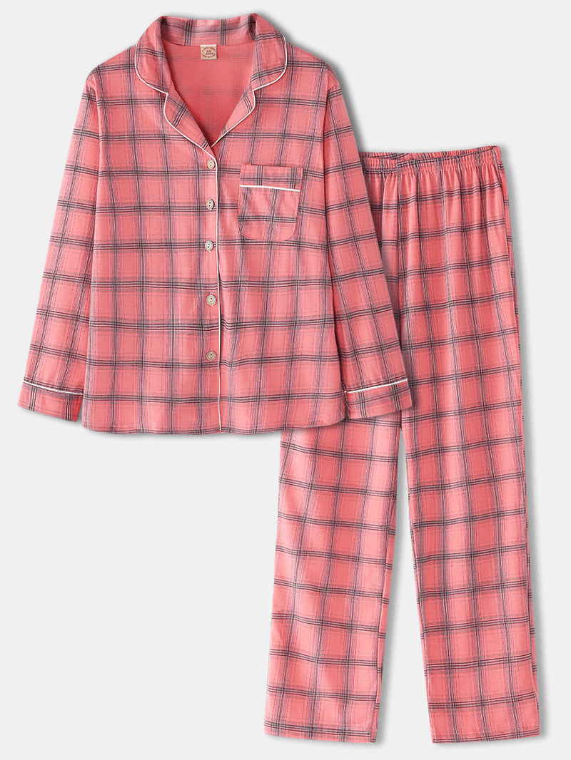 Women Plaid Print Revere Collar Chest Pocket Shirt Elastic Waist Pants Two Piece Pajama Set - MRSLM