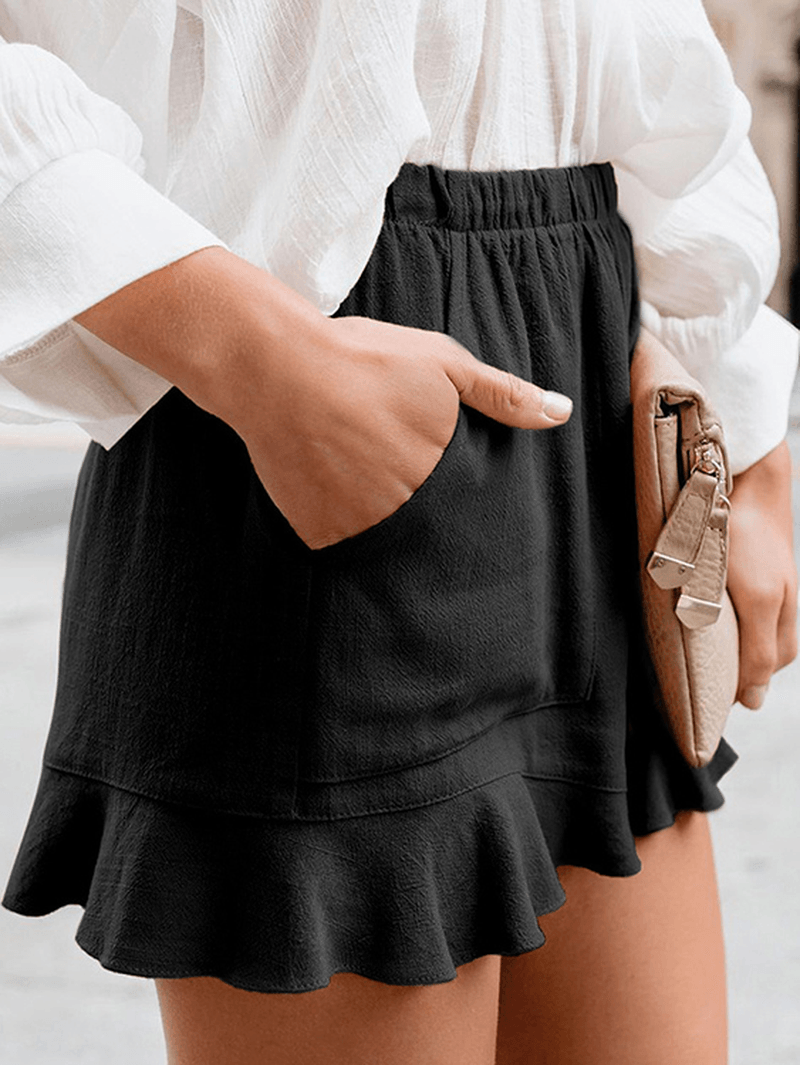 Women Solid Color Elastic High Waist Pocket Shorts - MRSLM