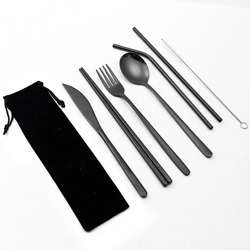 7 Pcs Tableware Set Stainless Steel Fork Spoon Knife Chopsticks Straw Brush Portable Flatware Outdoor Camping Picnic - MRSLM