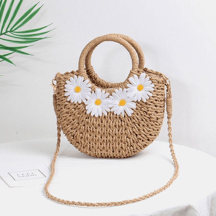 Women Daisy Travel Summer Beach Straw Handbag Crossbody Bag Shoulder Bag - MRSLM