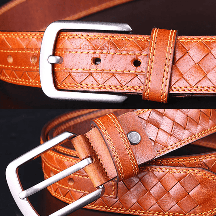 Men Genuine Leather Solid Color Retro Handmade Woven Jeans Skirt Belts - MRSLM