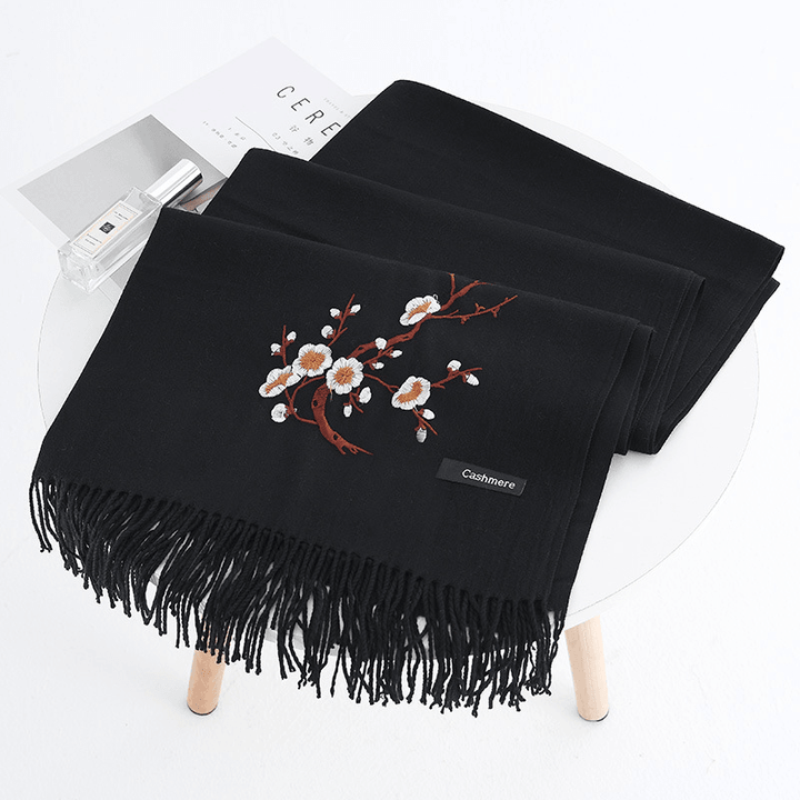 Women Winter Cashmere-Like Plum Embroidery Tassel Scarf - MRSLM