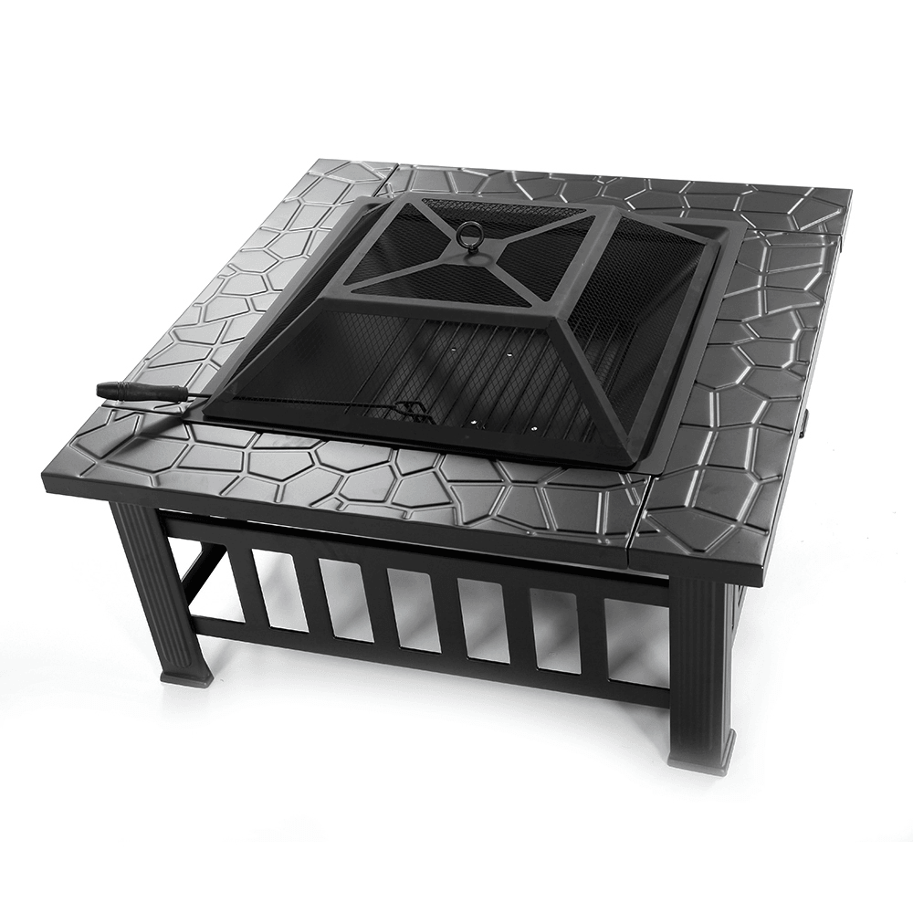 Outdoor Portable 32'' Metal Fire Pits Camping BBQ Square Table Backyard Patio Garden Stove Wood Burning Fireplace - MRSLM