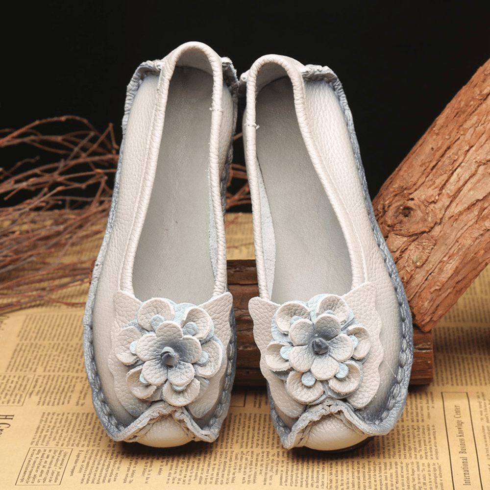 Women Shoes Casual Comfortable Floral Leather Flats - MRSLM