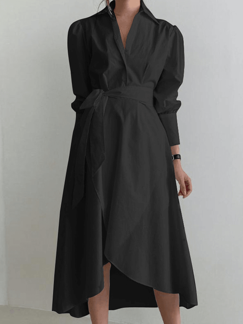 Women Vintage Irregular Hem Lapel Solid Color Cotton Lace-Up Long Sleeve Dress - MRSLM