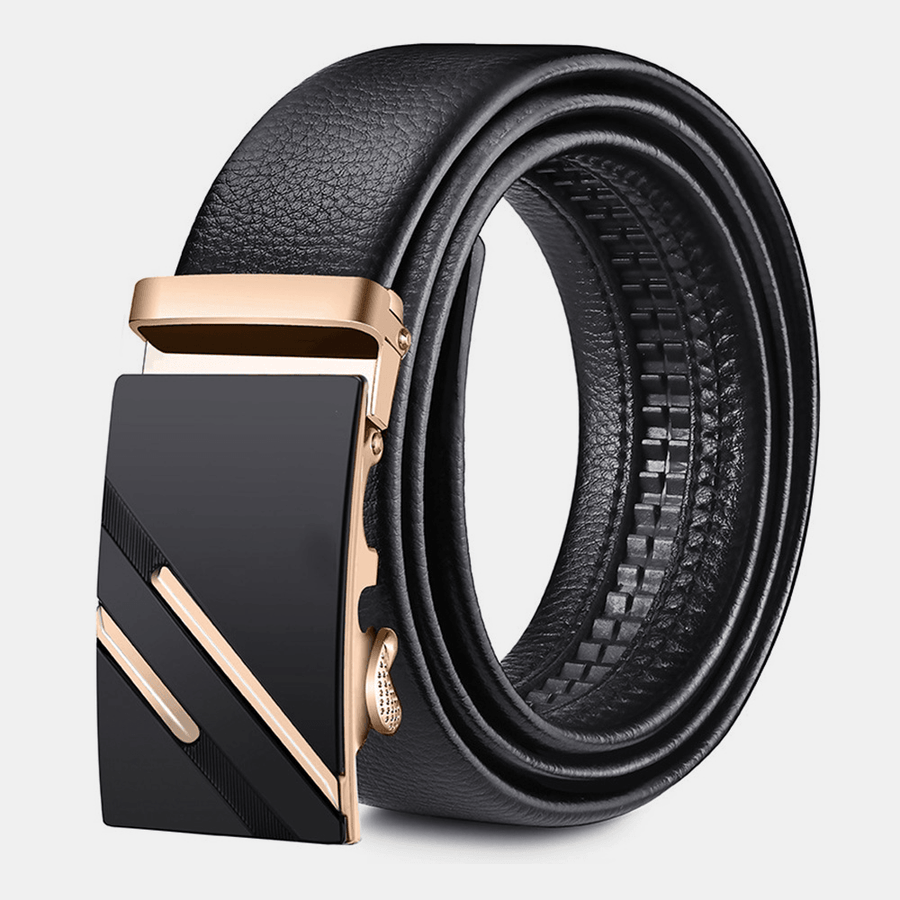 Men PU Leather Rectangle Metal Full Automatic Buckle Belt Ratchet Full Cowhide Belt for Suit - MRSLM