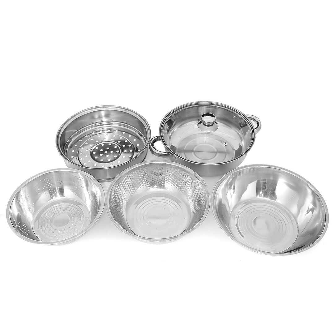 6Pcs/Set Stainless Steel Outdoor Cookware Combination Pot Anti-Corrosion Lightweight Steamer Fruit Basin for Camping Hiking Household - MRSLM