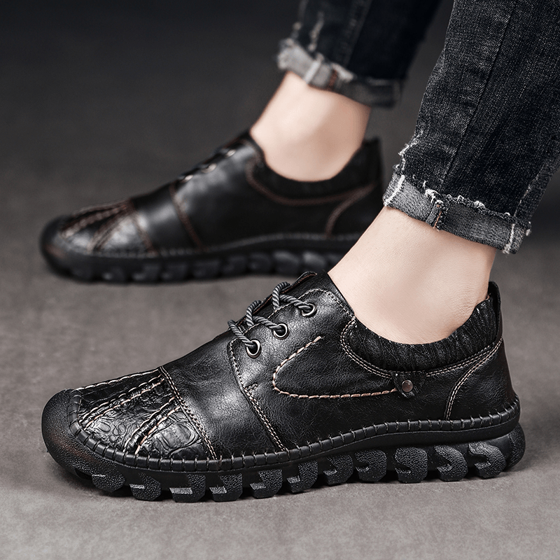 Men Genuine Leather Toe-Protected Breathable Soft Lightweight Lace-Up Tooling Shoes Hand Stitching Shoes - MRSLM