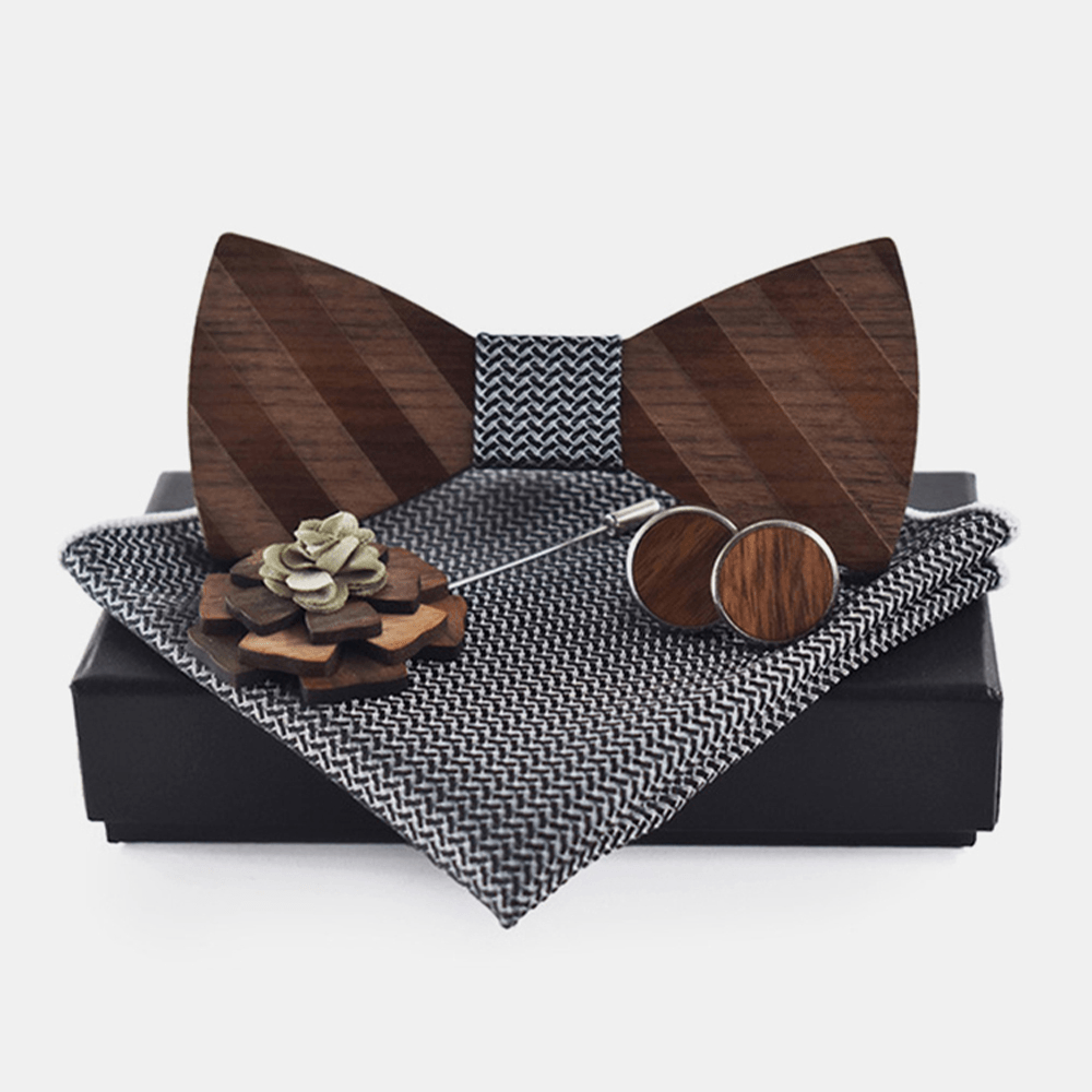 Men 4PCS Wedding Birthday Gift Set Square Scarf Cufflinks Brooch Wooden Bowtie Combo Set - MRSLM