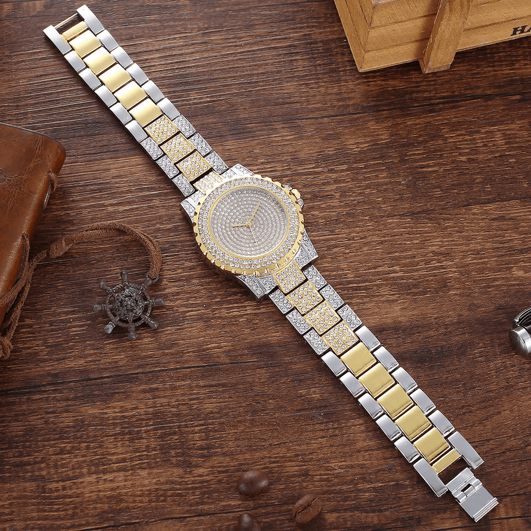 2Pcs Fashion Luxury Full Diamond Steel Band Quartz Watch Punk Rhinestone Bracelet Set - MRSLM