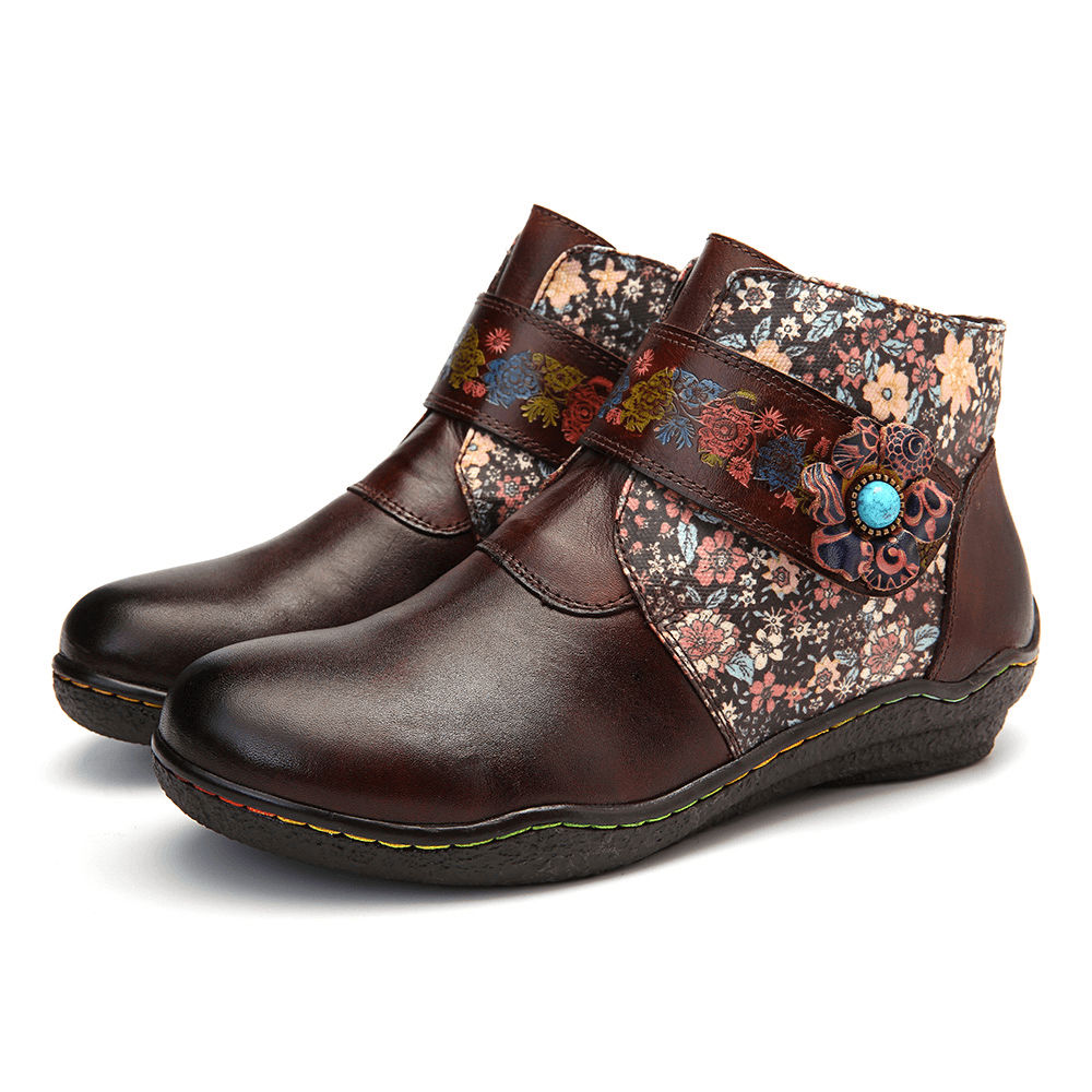 Retro Small Flowers Colorful Stitching Soft Leather Boots - MRSLM