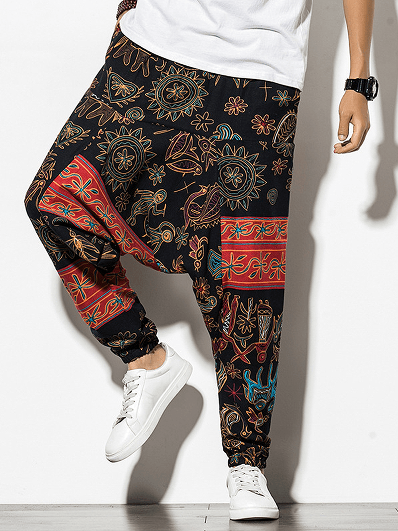 Mens 100% Cotton Design Ethnic Style Pattern Pocket Black Drop-Crotch Pants - MRSLM