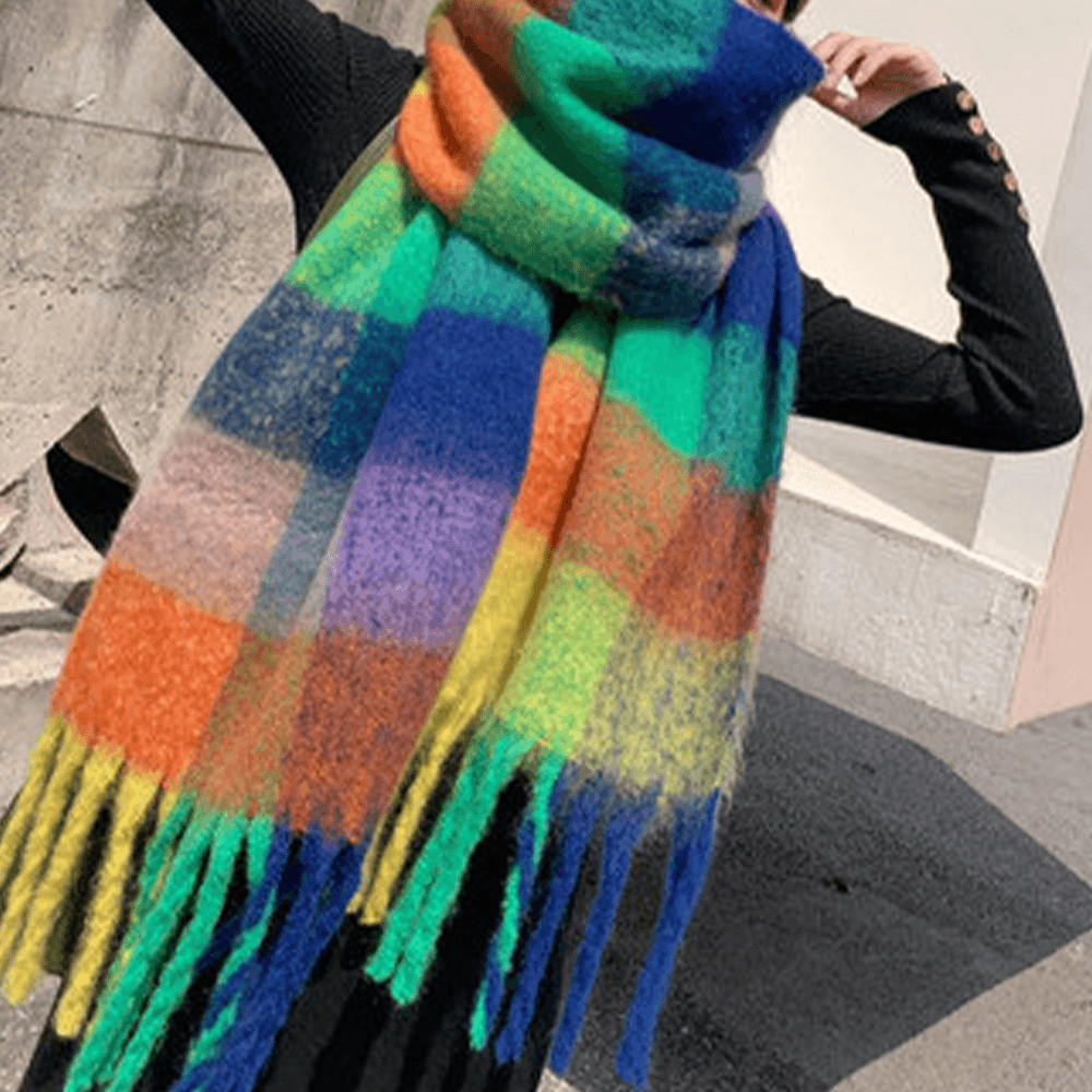 Women Cashmere Dual-Use Rainbow Mixed Color Stripes Thicken Warm plus Long Tassel Scarf Shawl - MRSLM