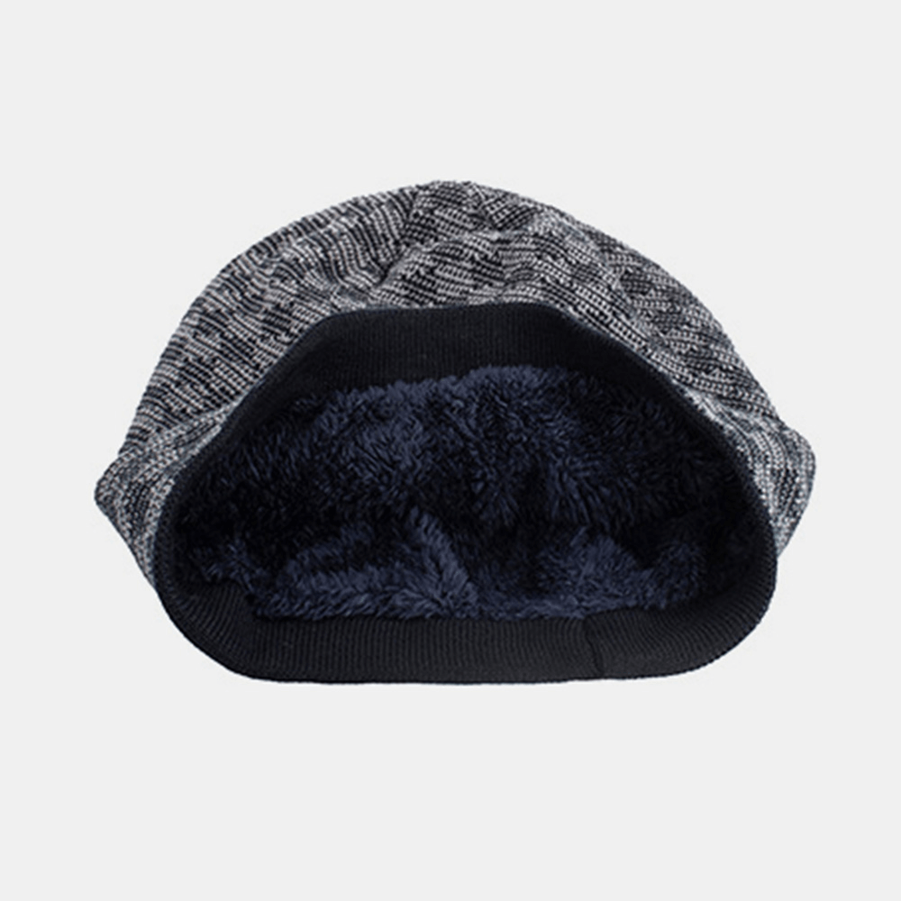 Men Knitted plus Velvet Lattice Jacquard Letter Iron Label Brimless Beanie Hat - MRSLM