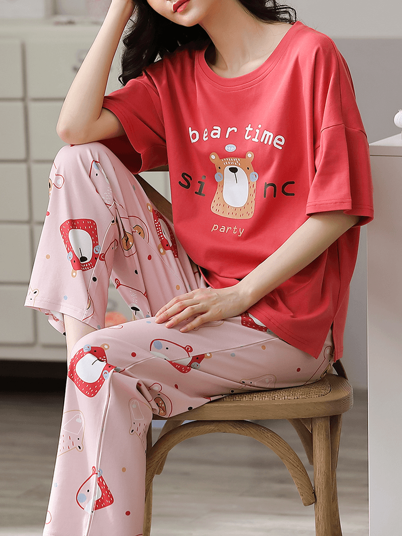 Women Floral Pattern Letter Print Short Sleeve Pocket Elastic Waist Home Pajama Sets - MRSLM