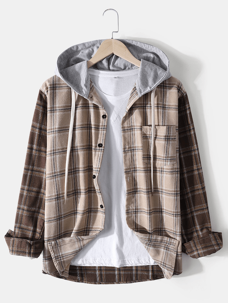 Mens Plaid Patchwork Casual Long Sleeve Drawstring Hooded Shirts with Pocket - MRSLM