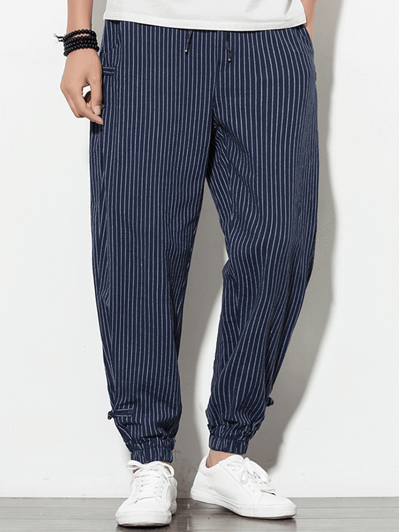 Mens Vintage Stripe 100% Cotton Solid Color Drawstring Casual Pants - MRSLM