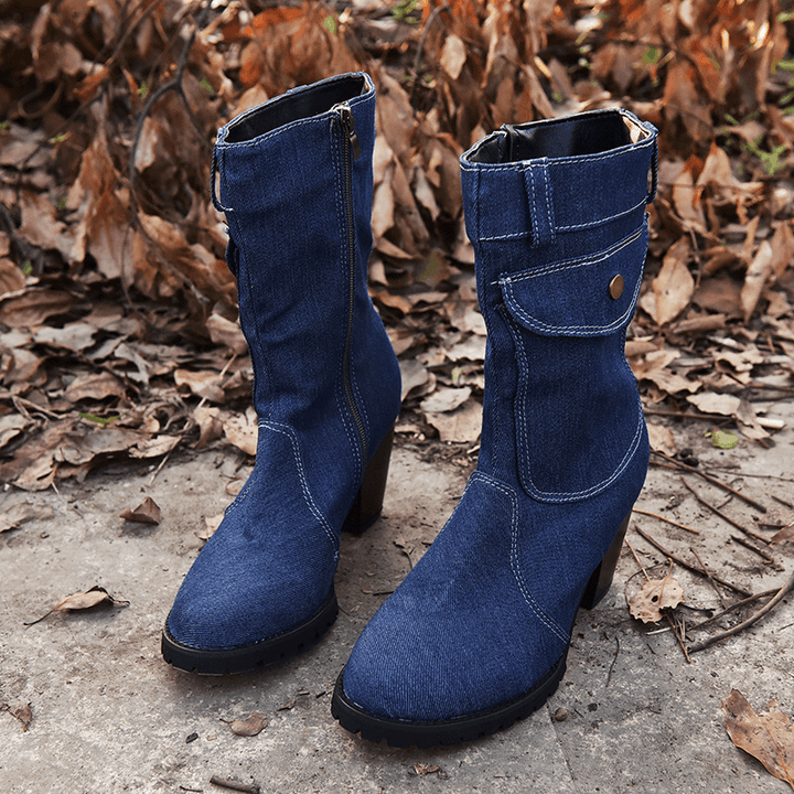 Women Retro Denim Cloth Side Zip Bag Decor Chunky Heel Mid Calf Boots - MRSLM