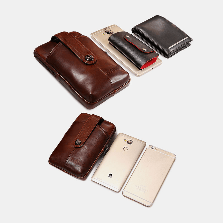 Men Genuine Leather Retro Multifunction 6 Inch Phone Bag Crossbody Bag Waist Bag - MRSLM