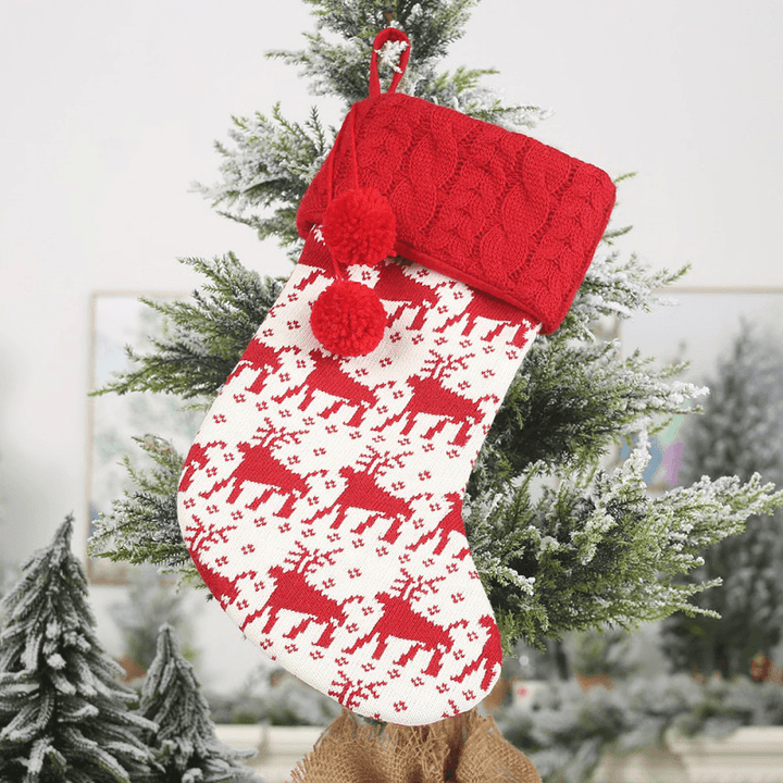 Knitted Christmas Stockings Gift Holders with Two Pom-Poms Xmas Tree Fireplace Hanging Ornaments Chrismas Decorations Sock - MRSLM