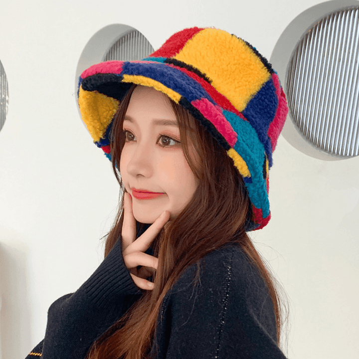 Women Lamb Fur Color Stitching Lattice Bucket Hat Winter Thicken Warm Windproof Fluffy Fisherman Caps - MRSLM