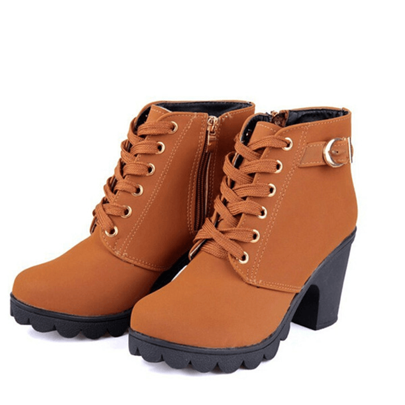 Women Girl High Top Heel Ankle Boots Winter Pumps Lace up Buckle Suede Shoes - MRSLM