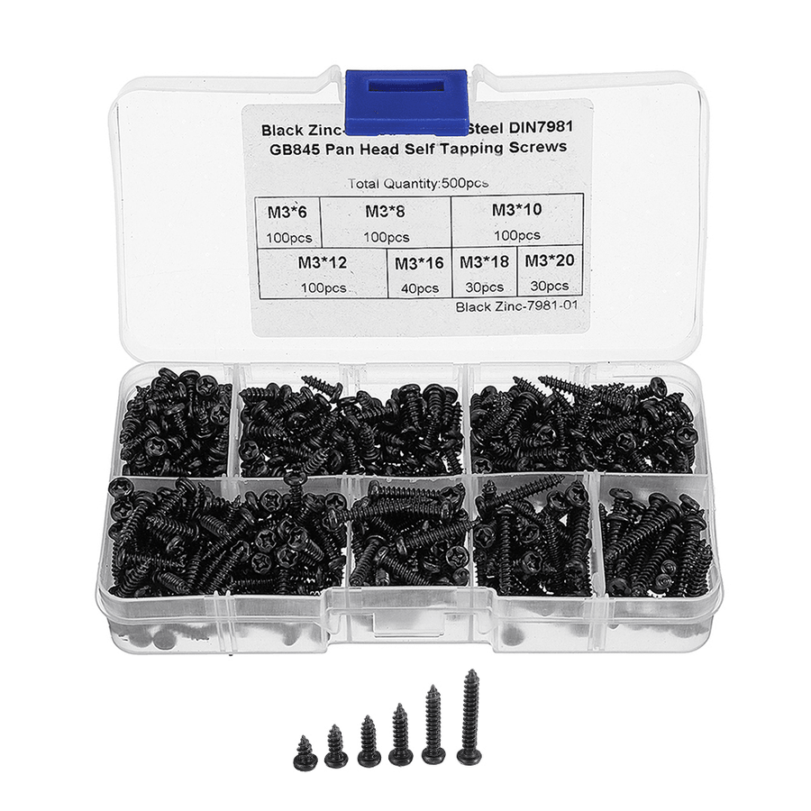 Suleve™ M3CP1 500Pcs M3 Phillips Screw Black Zinc-Plated Carbon Steel Pan Head Self Tapping Woodworking Screws Assortment Kit - MRSLM