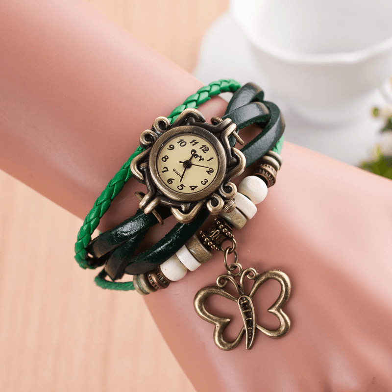 DOLAOR Multilayer Vintage Women Watch Hollow Butterfly Pendant Leather Retro Bracelet Watch - MRSLM