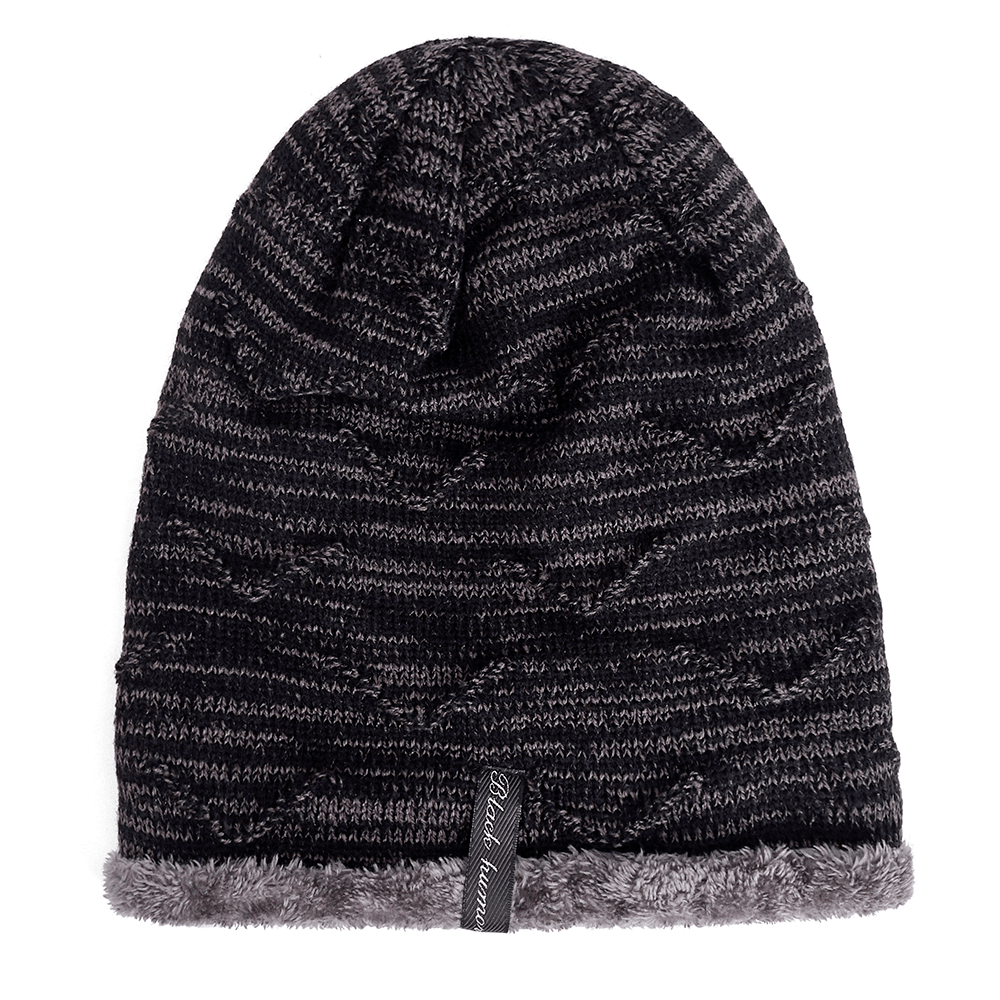 Mens plus Velvet Knitted Stripe Beanie Hats Outdoor Winter Warm Skullcap Beanie - MRSLM