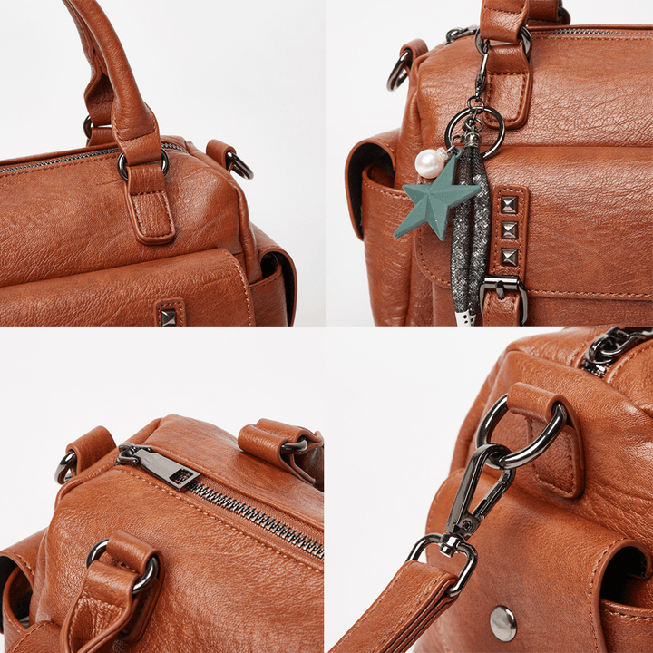 Women Five-Pointed Star Pendant Large Capacoty Crossbody Bag Multi-Pocket Soft Leather Shoulder Bag Handbag - MRSLM