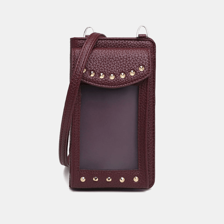 Women Touch Screen 6.3 Inch Phone Holder 10 Card Slot Rivet Crossbody Bag Wallet - MRSLM