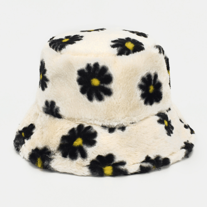 Women Lamb Hair Soft Warm plus Thicken Casual All-Match Cute Daisy Flower Pattern Bucket Hat - MRSLM