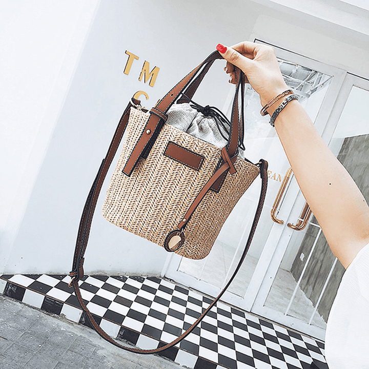 Straw Beach Bag Bucket Bag Handbag Shoulder Bag for Women - MRSLM