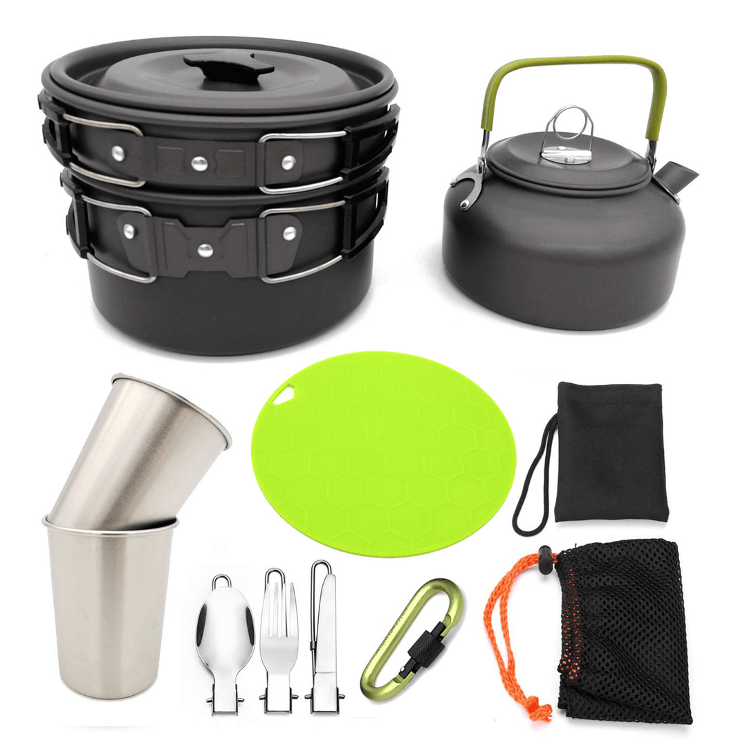 12 Pcs Camping Cookware Set Bowl Pan Pot Water Cup Spoon Portable Tableware Outdoor Picnic - MRSLM