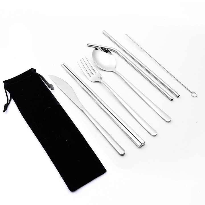 7 Pcs Tableware Set Stainless Steel Fork Spoon Knife Chopsticks Straw Brush Portable Flatware Outdoor Camping Picnic - MRSLM