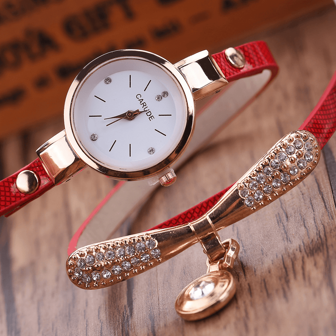 Retro Pu Strap Multi-Layer Lady Watch Metal Geometric Rhinestone Bow Pendant Women Quartz Watch - MRSLM