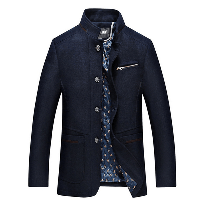 Men'S Stylish Casual Business Woolen Chest Zipper Slim Fit Stand Collar Jacket - MRSLM