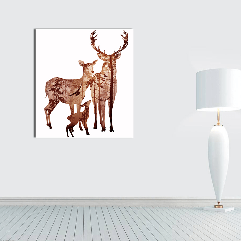 Miico Hand Painted Oil Paintings Simple Style Deer Family a Wall Art for Home Decoration Painting - MRSLM