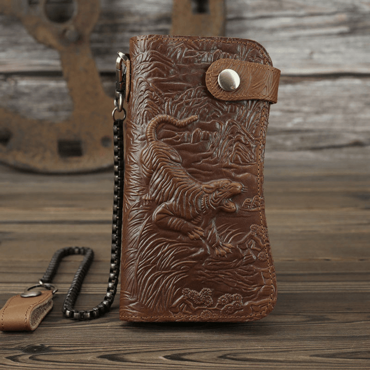 Men Genuine Leather 3D Dragon Tiger Pattern RFID Anti-Theft Retro Multi-Slot Card Holder Wallet with Key Ring - MRSLM