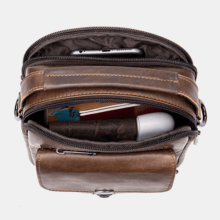 Men Genuine Leather Back Anti-Theft Pocket Crossbody Bags Retro Multi-Pocket Wear-Resistant Messenger Bag Shoulder Bag - MRSLM