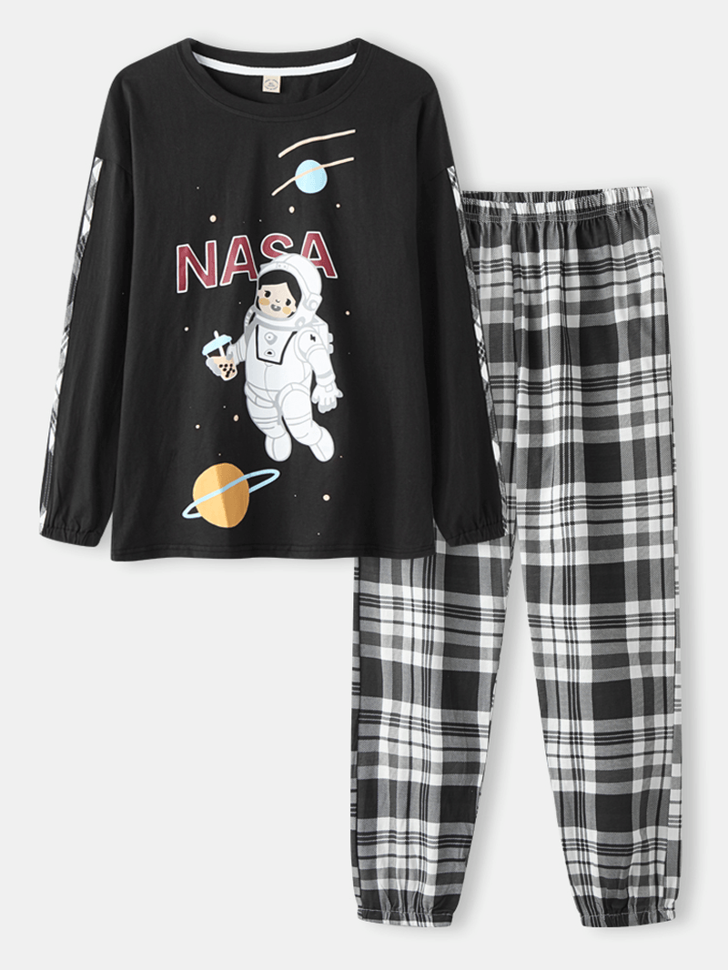 Women Girl Astronaut Print round Neck Cotton Cuffed Pajamas Sets with Plaid Pants - MRSLM