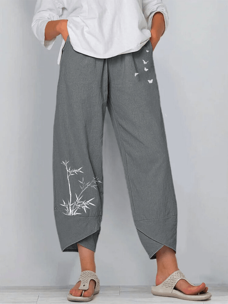 Bamboo Butterfly Print Elastic Waist Loose Irregular Hem Casual Pants for Women - MRSLM