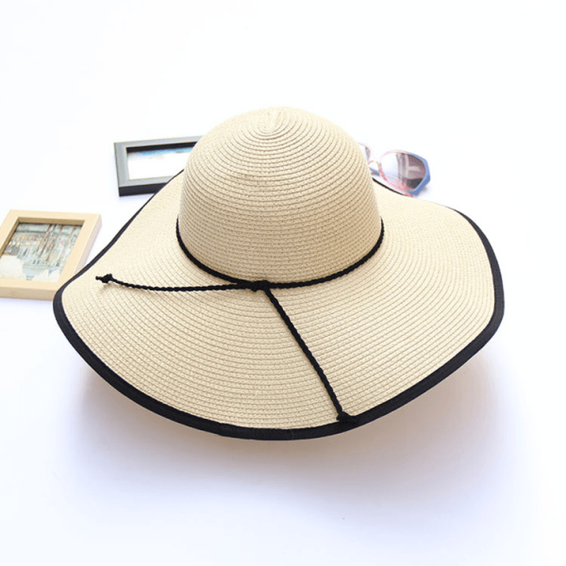 Women Summer Wide Birm Bucket Straw Hat Outdoor Travel Sunshade Visor Beach Hat - MRSLM