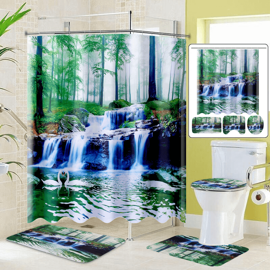 1/3/4Pcs Shower Curtain Bath Mat Toilet Lid Bath Carpet Bath Rugs Carpet - MRSLM