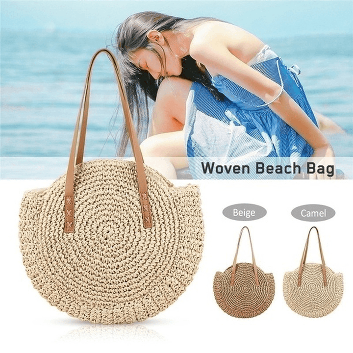 Women Leisure round Straw Bag Woven Beach Bag Shoulder Bag - MRSLM