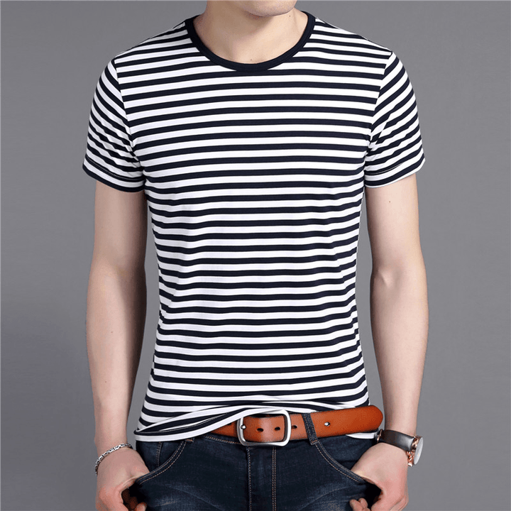 Round Neck Pullover Men'S Short-Sleeved T-Shirt Korean Style Slim Men'S Stripes - MRSLM