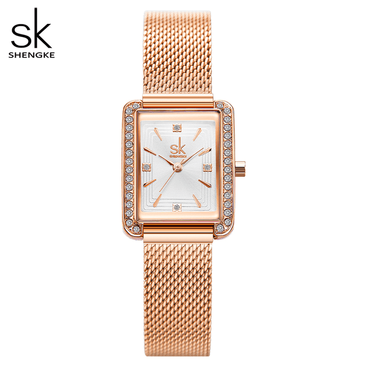 Shengke K0151 Rhinestone Decoration Rectangular Dial PU Leather/ Steel Mesh Strap 3ATM Women Quartz Watch - MRSLM