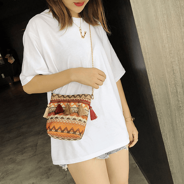 Women Weaving Tassel National Crossbody Bag Chic Bucket Bag - MRSLM