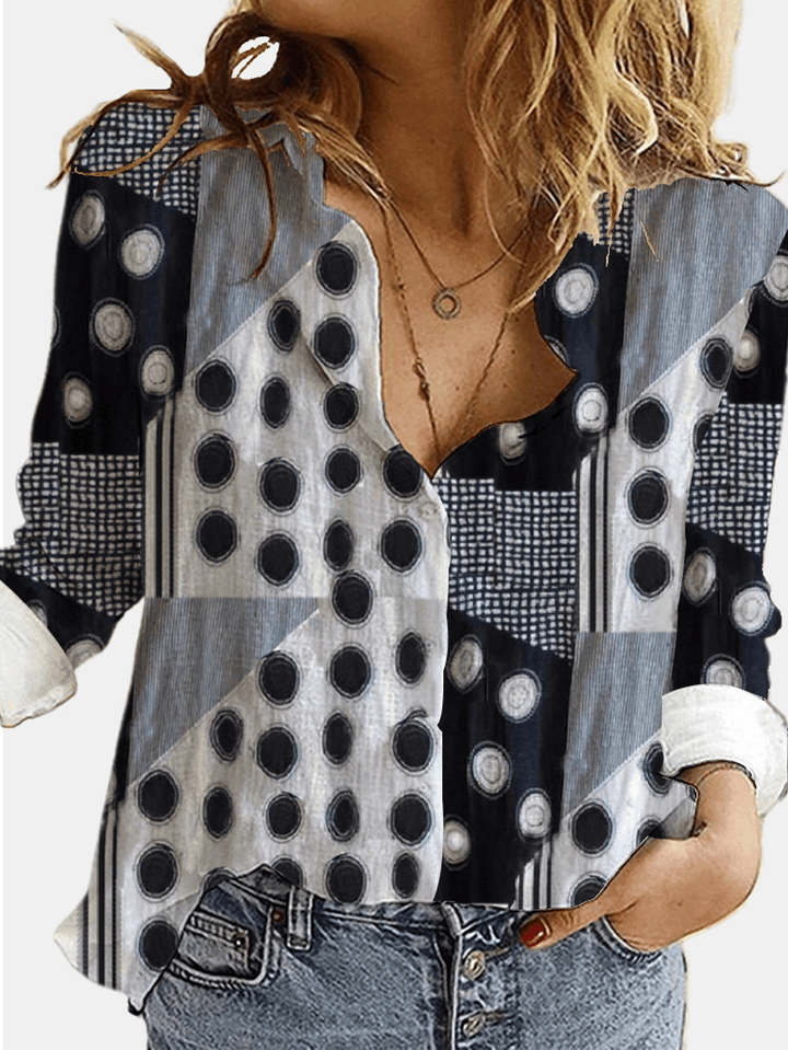 Women Mixed Polka Dot Printed Patchwork Long Sleeve Lapel Casual Stylish Blouse - MRSLM